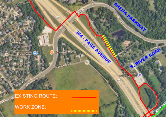 Map showing temporary reroute of Centennial Greenway onto Hemsath Road