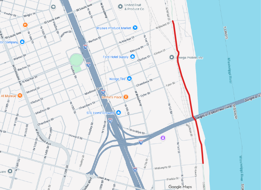 Map of temporary closure on Mississippi Greenway from Mullanphy Street to Market Street