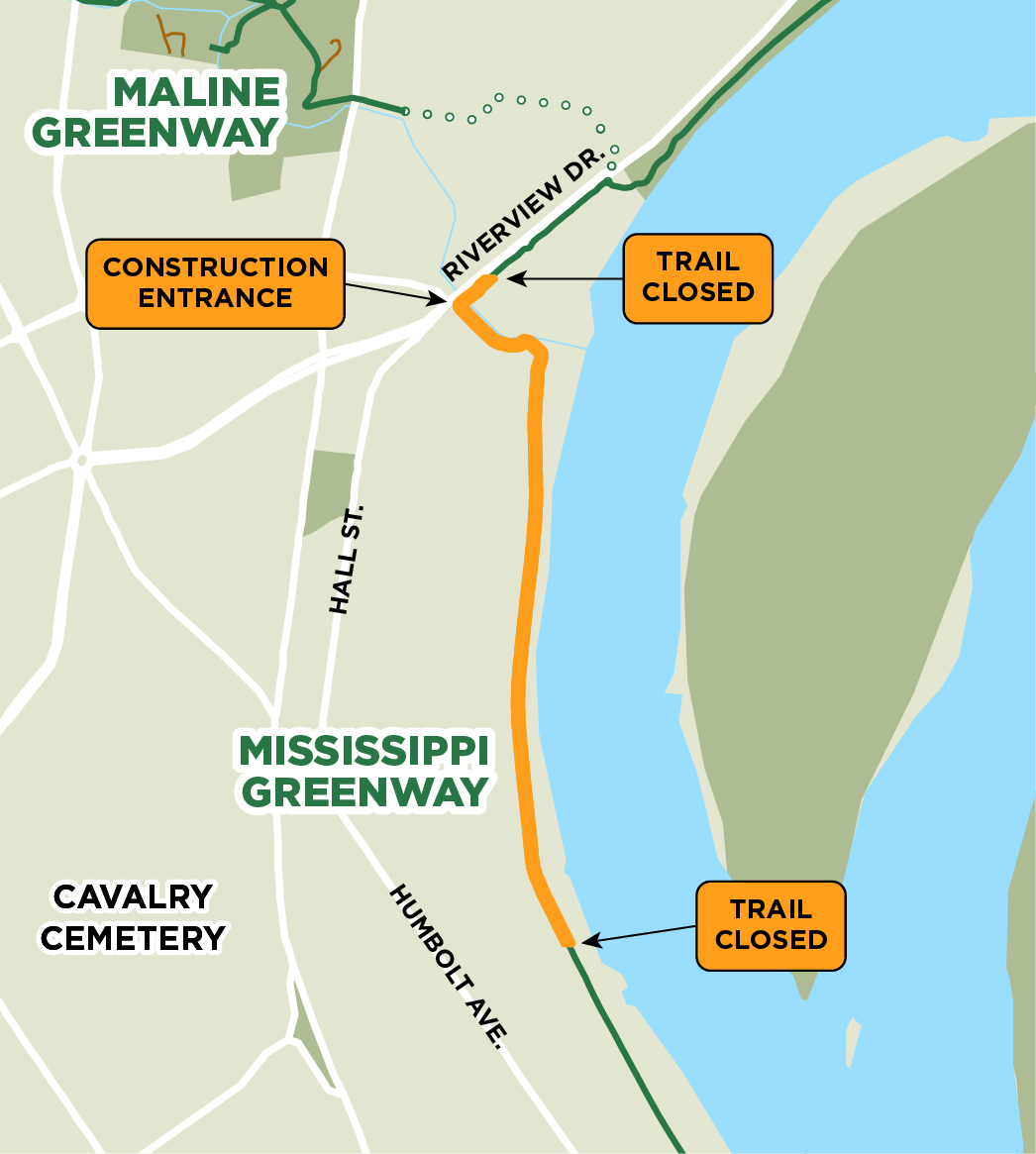 Mississippi Greenway closure from Humboldt Ave and Chain of Rocks Drive
