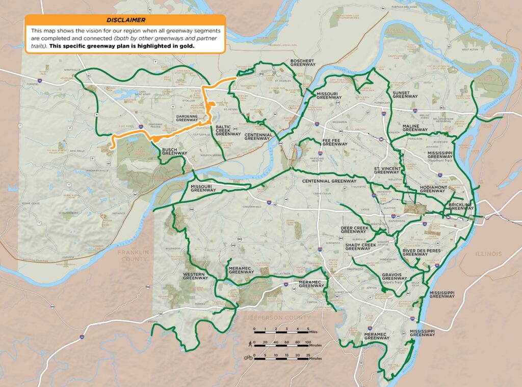 Map of regional greenway network that specifically highlights the Dardenne Greenway plan