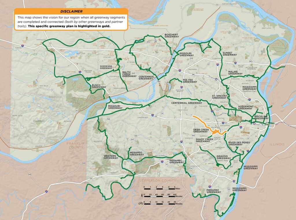 Map of regional greenway network that specifically highlights the Deer Creek Greenway plan