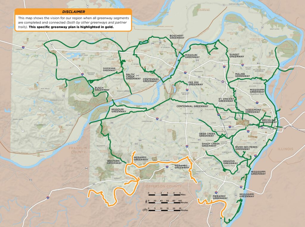 Map of regional greenway network that specifically highlights the Meramec Greenway plan