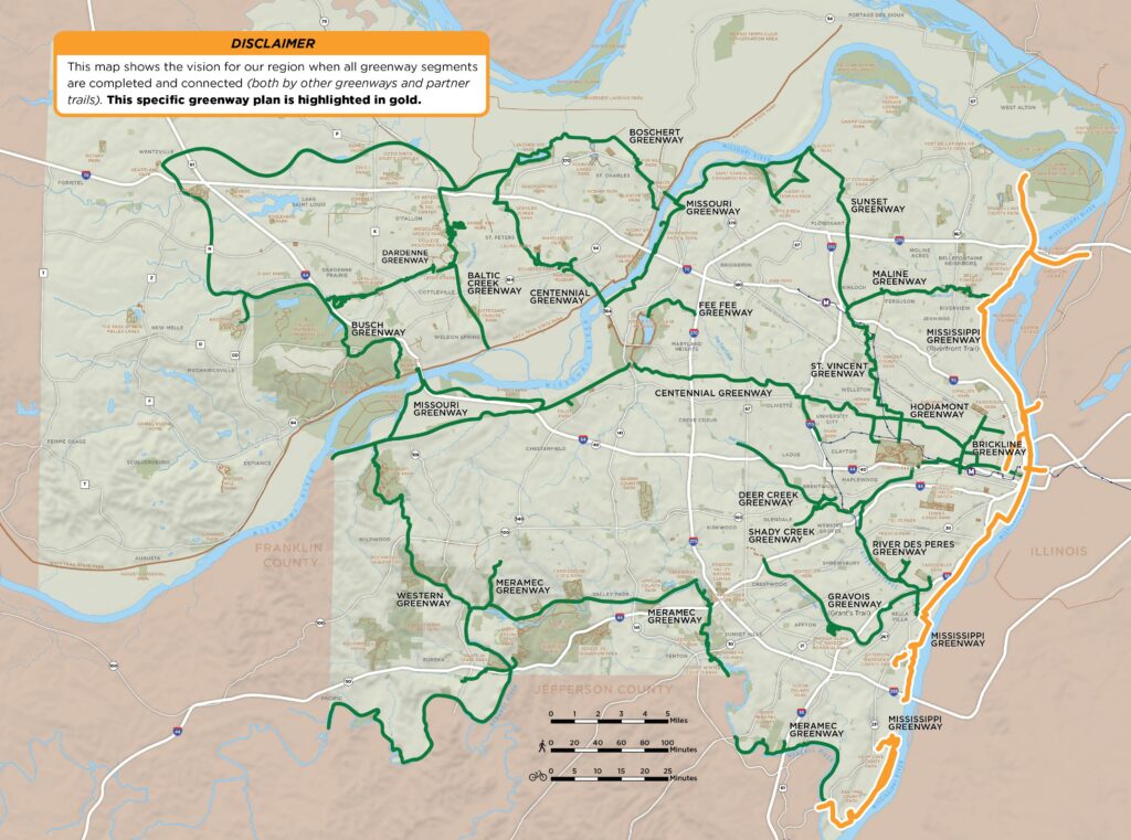 Map of regional greenway network that specifically highlights the Mississippi Greenway plan