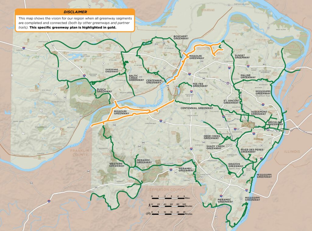 Map of regional greenway network that specifically highlights the Missouri Greenway plan