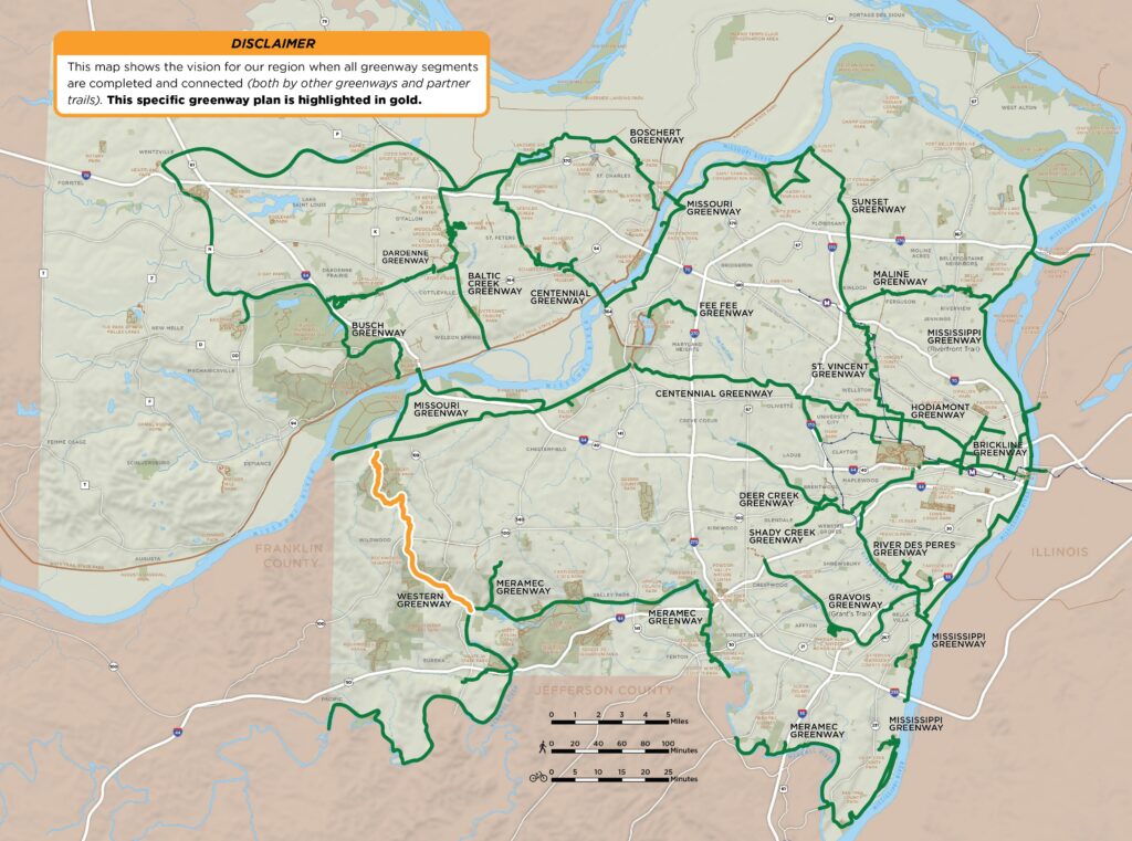 Map of regional greenway network that specifically highlights the Western Greenway plan