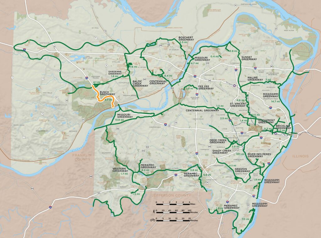 Map of regional greenway network highlighting the Busch Greenway plan