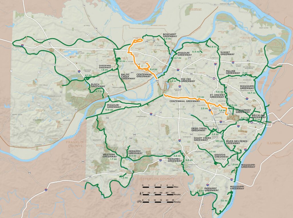 Map of regional greenway network highlighting the Centennial Greenway plan