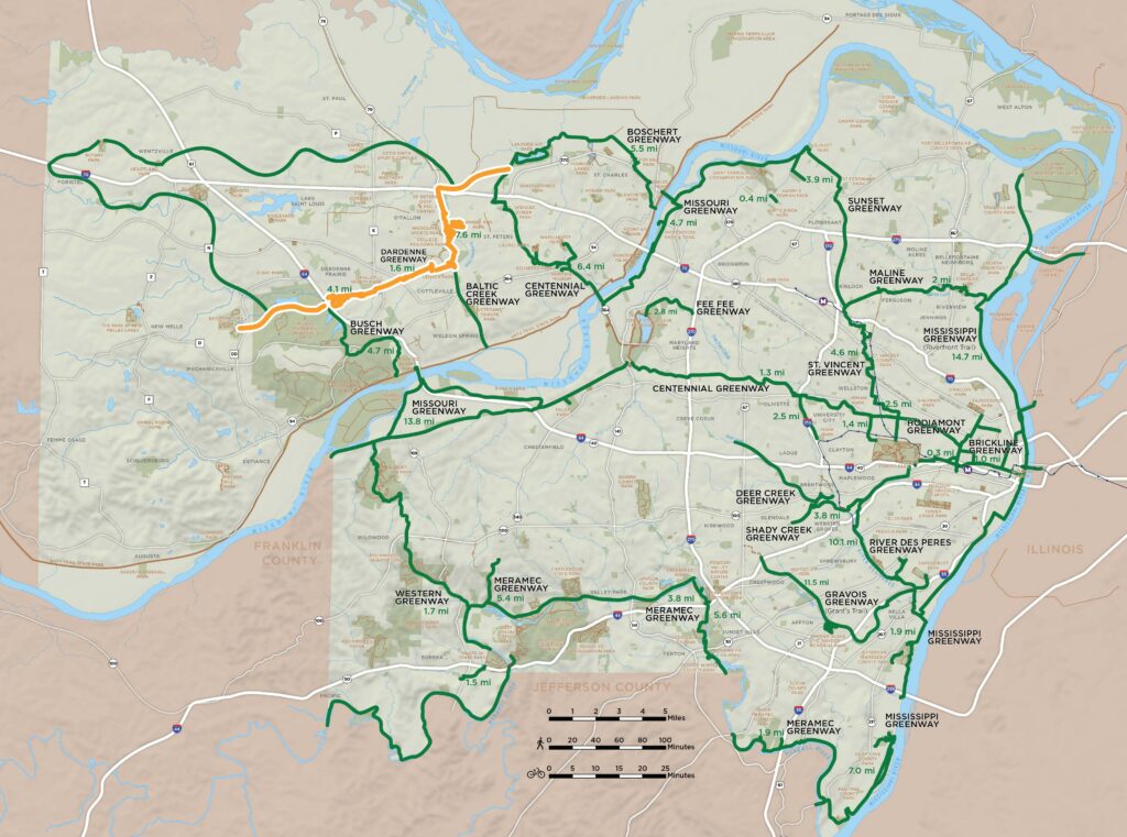 Map of regional greenway network highlighting the Dardenne Greenway plan