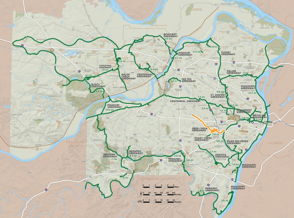 Map of regional greenway network highlighting the Deer Creek Greenway plan