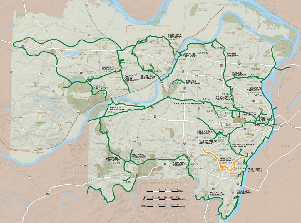 Map of regional greenway network highlighting the Gravois Greenway plan