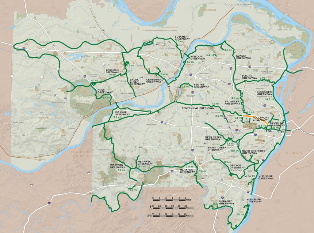 Map of regional greenway network highlighting the Hodiamont Greenway plan