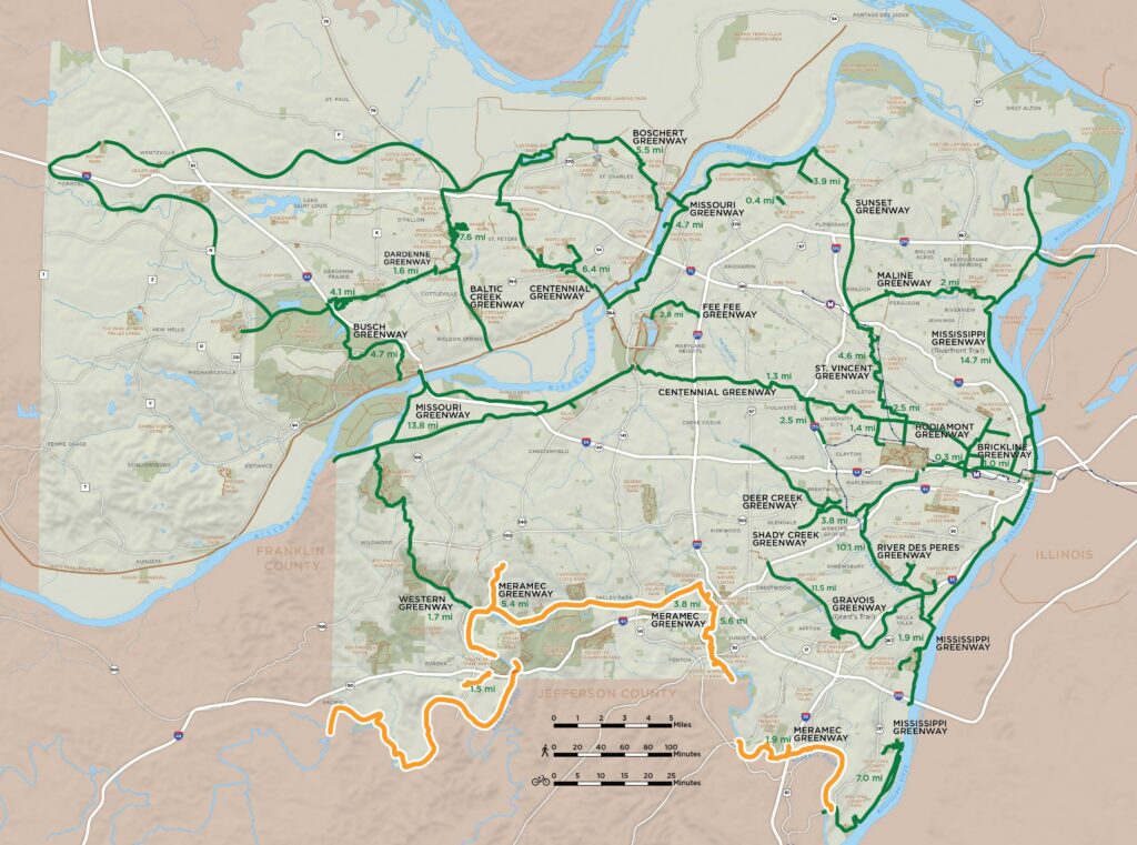 Map of regional greenway network highlighting the Meramec Greenway plan