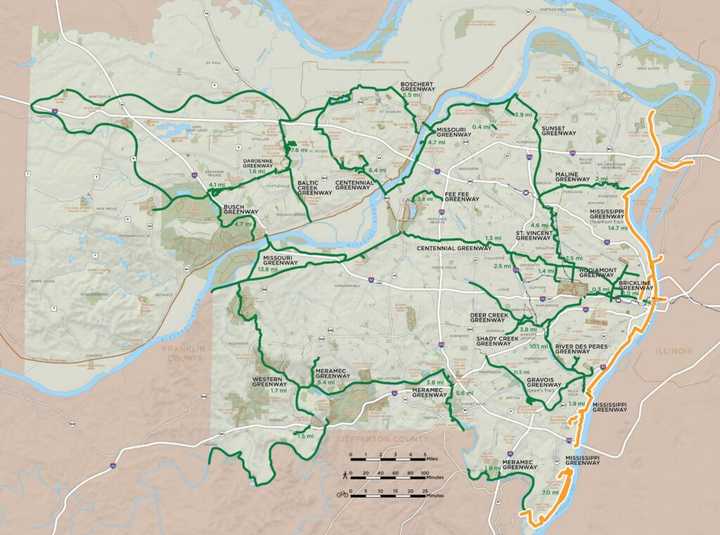 Map of regional greenway network highlighting the Mississippi Greenway plan