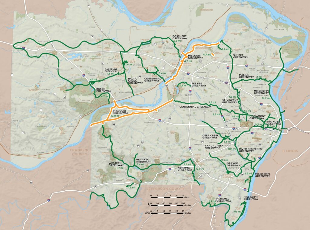 Map of regional greenway network highlighting the Missouri Greenway plan