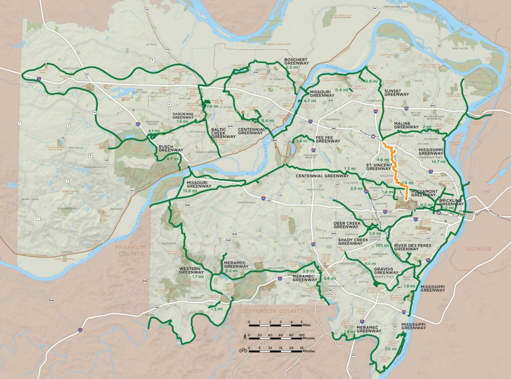 Map of regional greenway network highlighting the St. Vincent Greenway plan