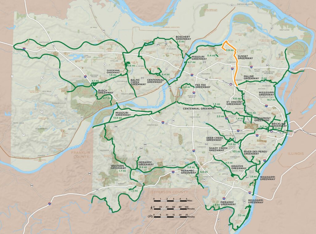 Map of regional greenway network highlighting the Sunset Greenway plan
