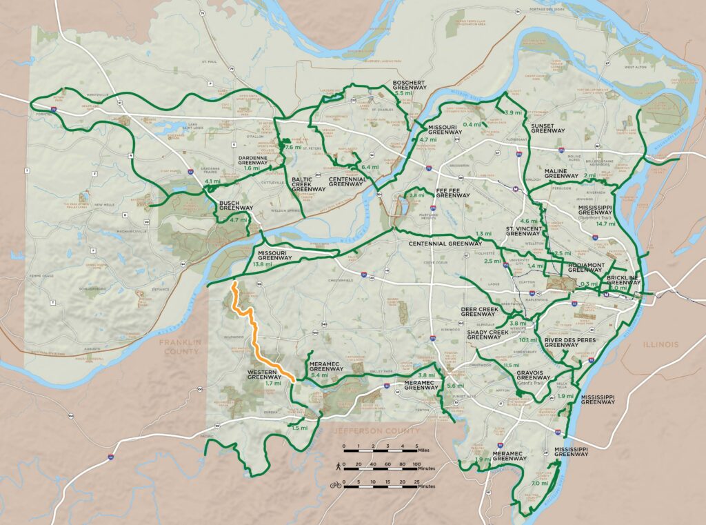 Map of regional greenway network highlighting the Western Greenway plan