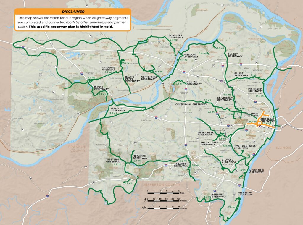 Map of regional greenway network highlighting the Brickline Greenway plan