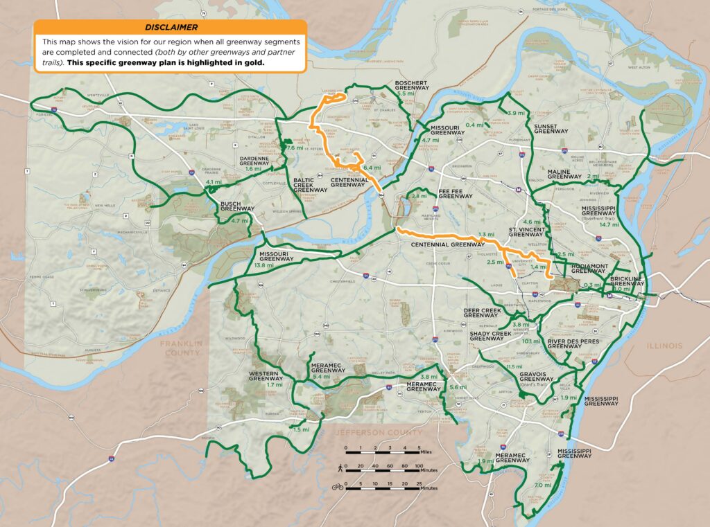 Map of regional greenway network highlighting the Centennial Greenway plan