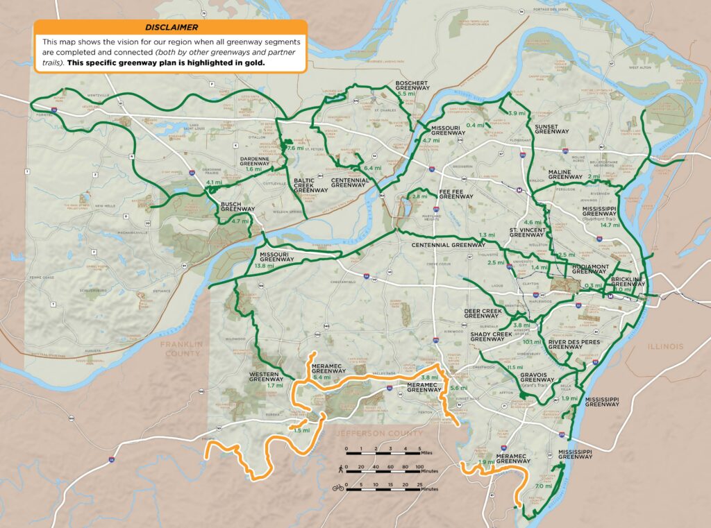 Map of regional greenway network highlighting the Meramec Greenway plan