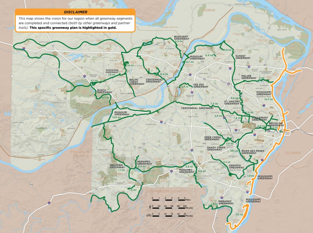 Map of regional greenway network highlighting the Mississippi Greenway plan
