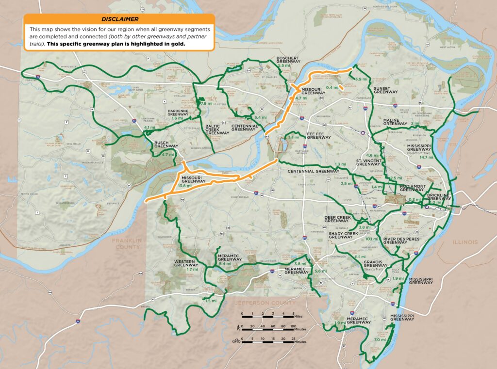 Map of regional greenway network highlighting the Missouri Greenway plan