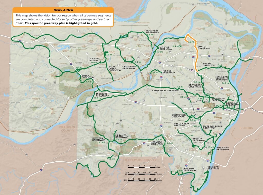 Map of regional greenway network highlighting the Sunset Greenway plan