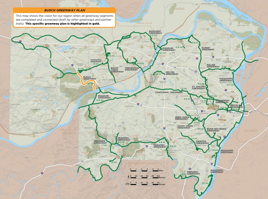 Map of regional greenway network that specifically highlights the Busch Greenway plan