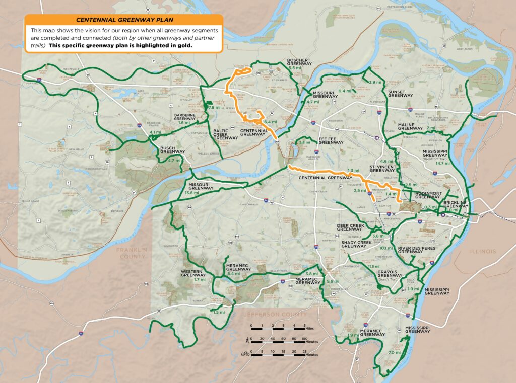 Map of regional greenway network that specifically highlights the Centennial Greenway plan