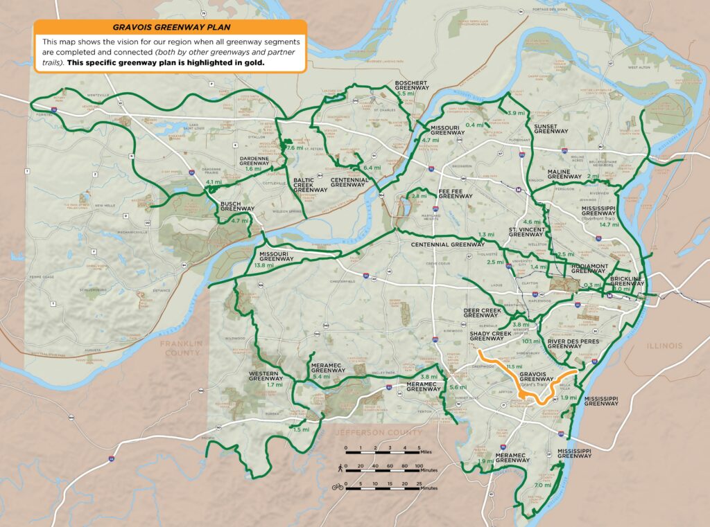 Map of regional greenway network that specifically highlights the Gravois Greenway plan