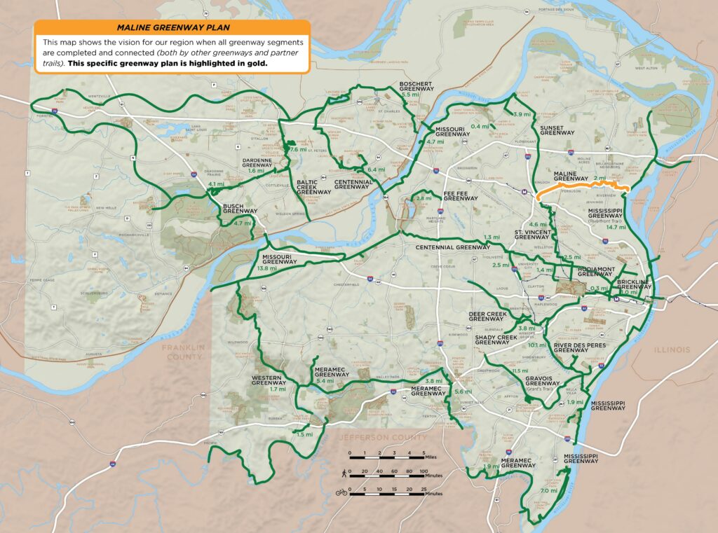 Map of regional greenway network that specifically highlights the Maline Greenway plan