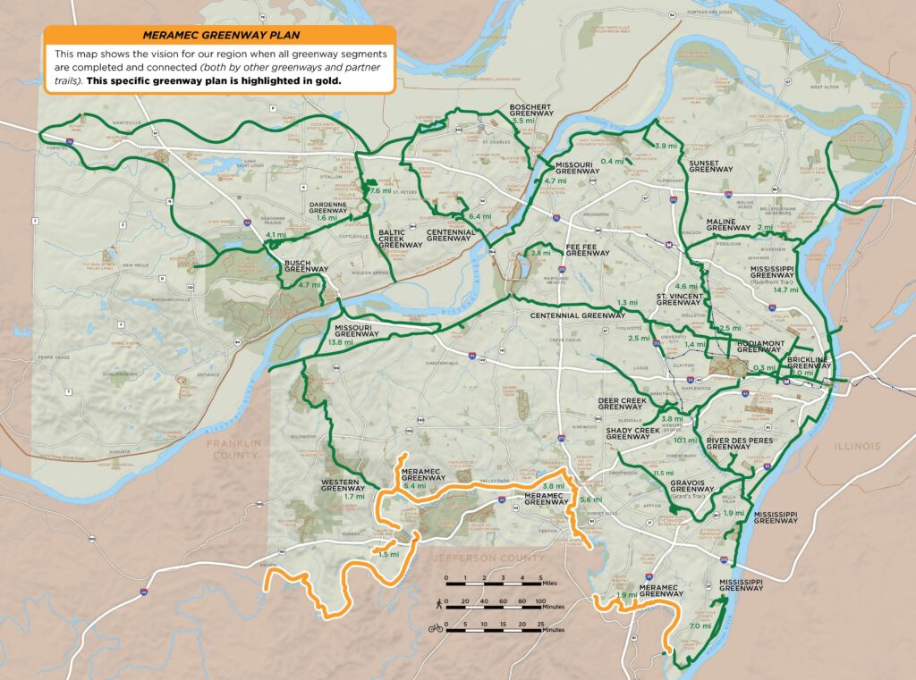 Map of regional greenway network that specifically highlights the Meramec Greenway plan