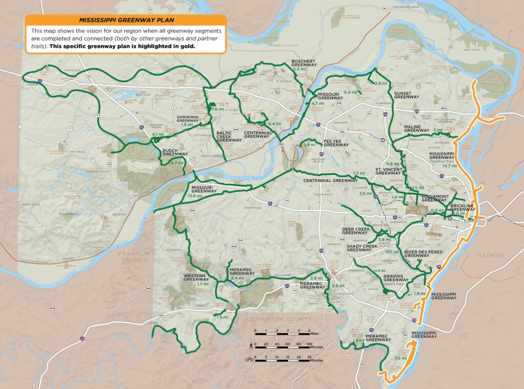 Map of regional greenway network that specifically highlights the Mississippi Greenway plan