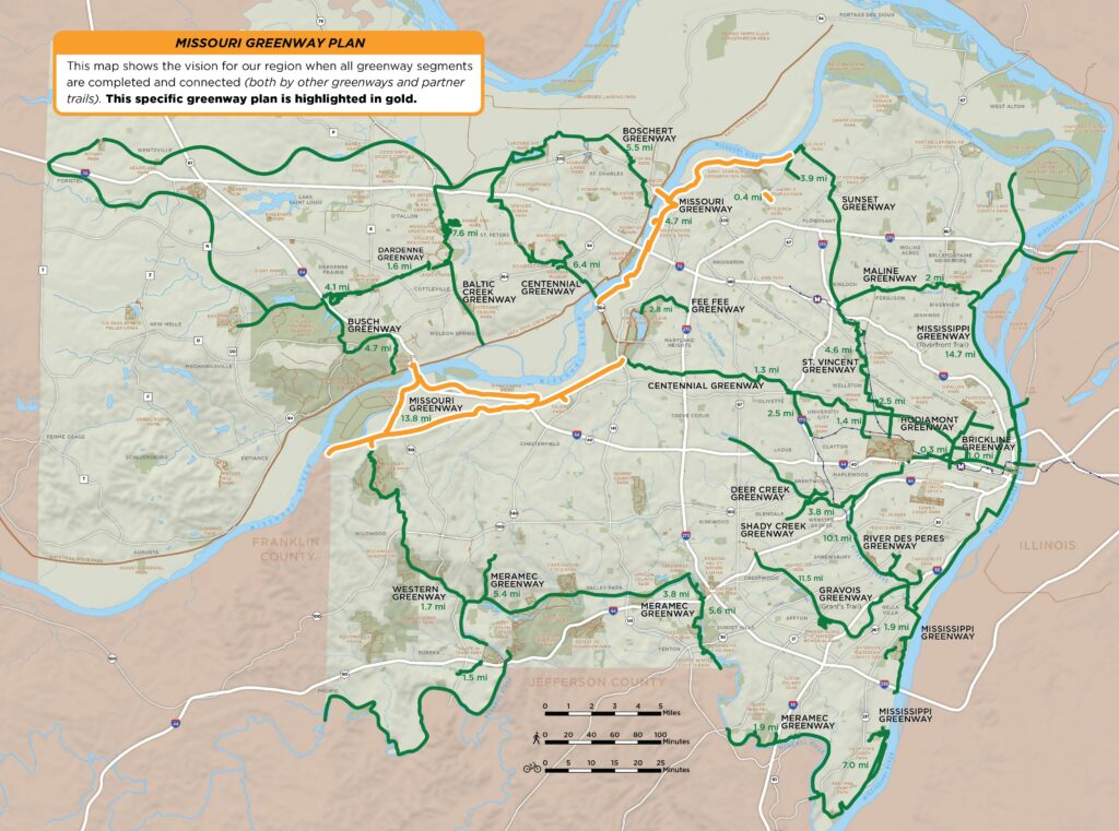 Map of regional greenway network that specifically highlights the Missouri Greenway plan