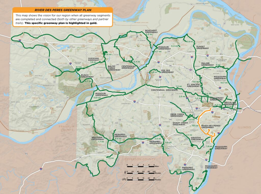 Map of regional greenway network that specifically highlights the River Des peres Greenway plan