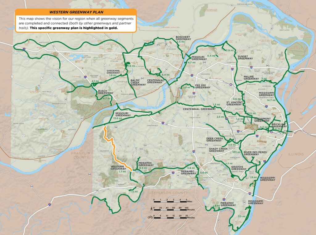 Map of regional greenway network that specifically highlights the Western Greenway plan