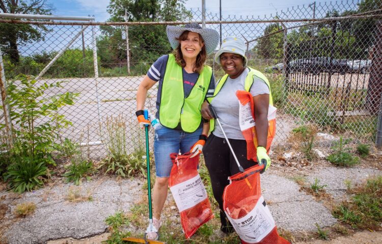 Volunteers at a greenway cleanup