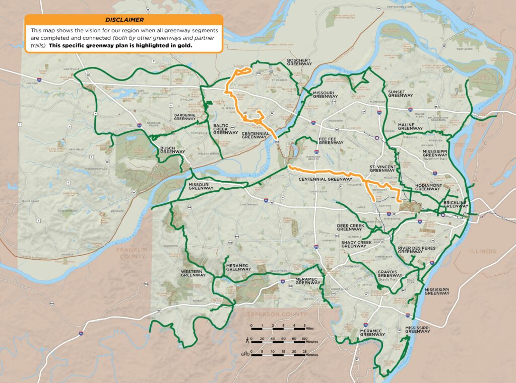 Map of regional greenway network that specifically highlights the Centennial Greenway plan